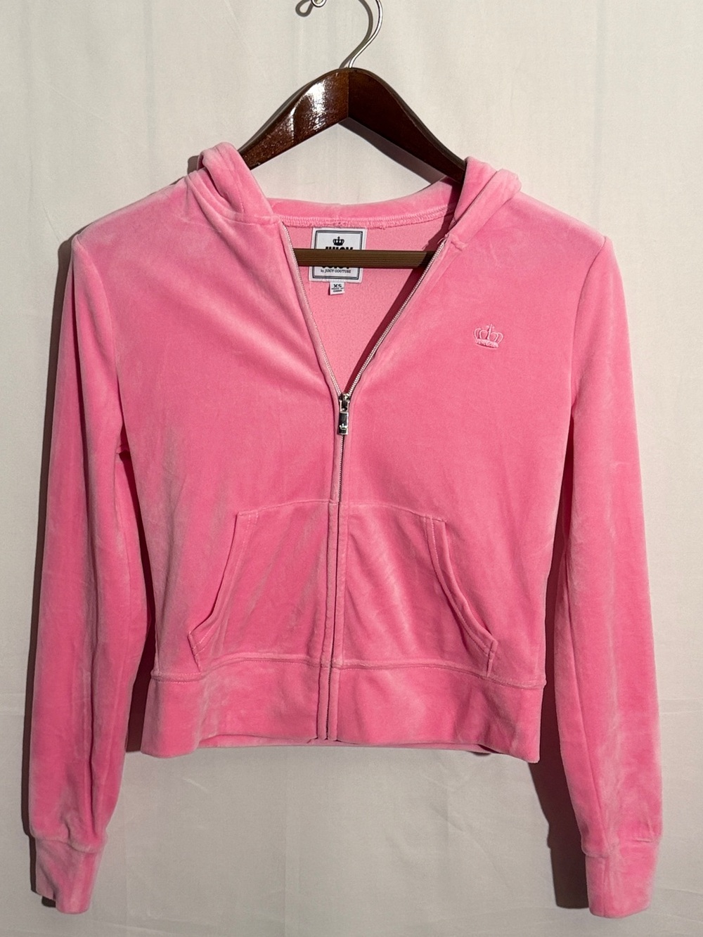 JUICY by Juicy Couture XS Pink Velour Zip-Up Hoodie Crown Logo Y2K